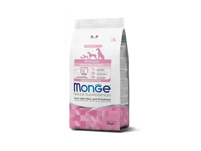 Monge Crocchette per cani All Breeds Puppy & Junior Monoprotein Maiale con Riso e Patate - Monge