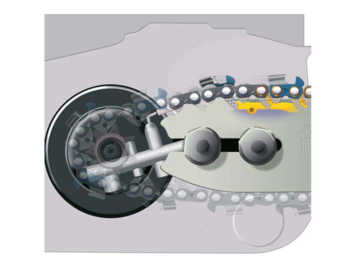 Sistema antivibrante Speciali zone ammortizzanti collocate con precisione riducono la trasmissione delle vibrazioni dal motore e dalla catena all'impugnatura e al manico.